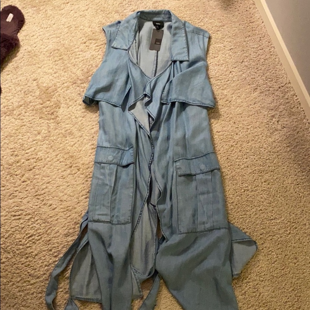 Long denim duster with waist tie